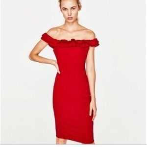 NWT/ Zara red ruffle off the shoulder bodycon midi dress Perfect condition. Sz S
